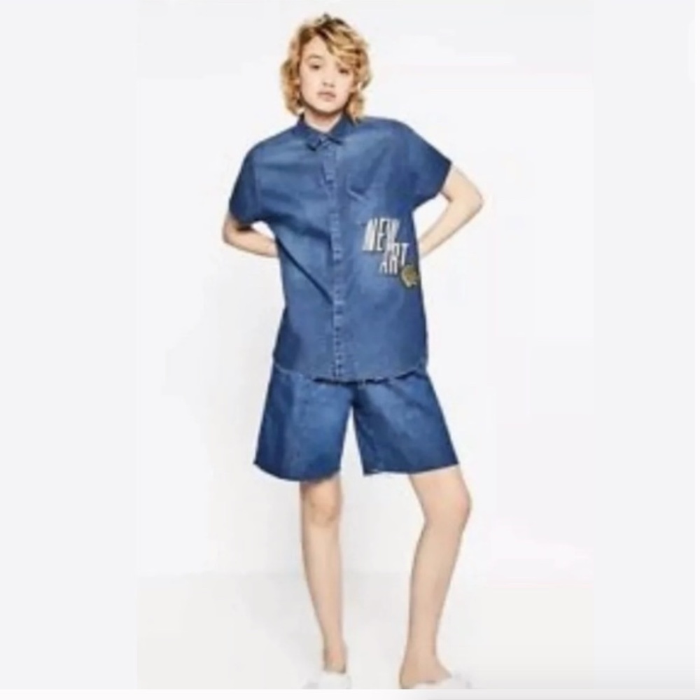 NWOT Zara denim snap shirt “new life” sequin patch